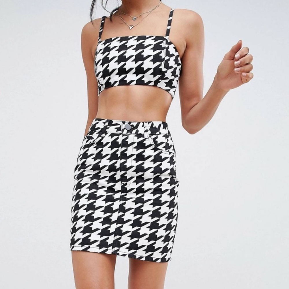 Denim Houndstooth Two Piece Skirt Set